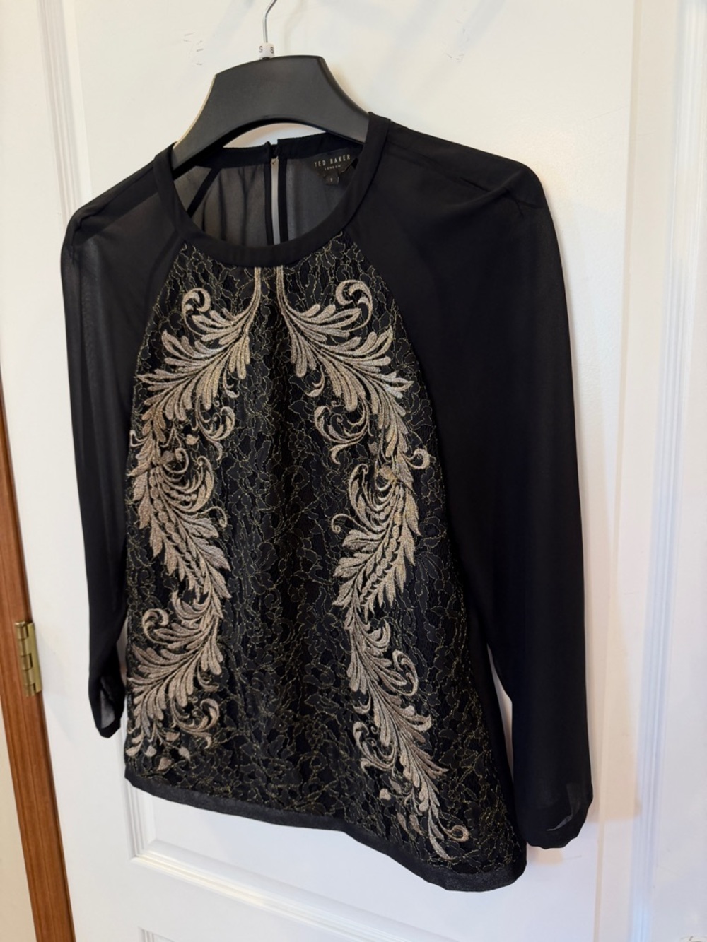 Ted Baker London Small Sheer Black Blouse With Gold Embroidery